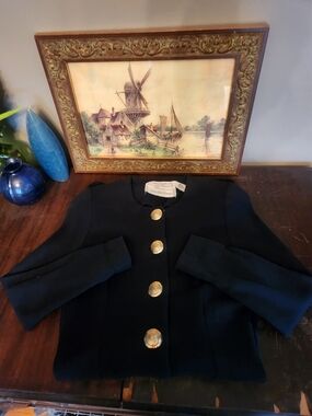 Vintage Saks Fifth Avenue Dark Blue Wool Dress with Gold Buttons